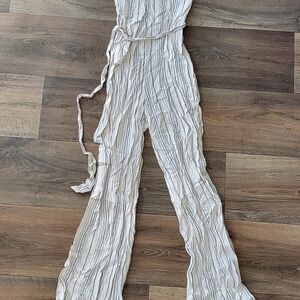 Forever 21 White and Gray Striped Jumpsuit